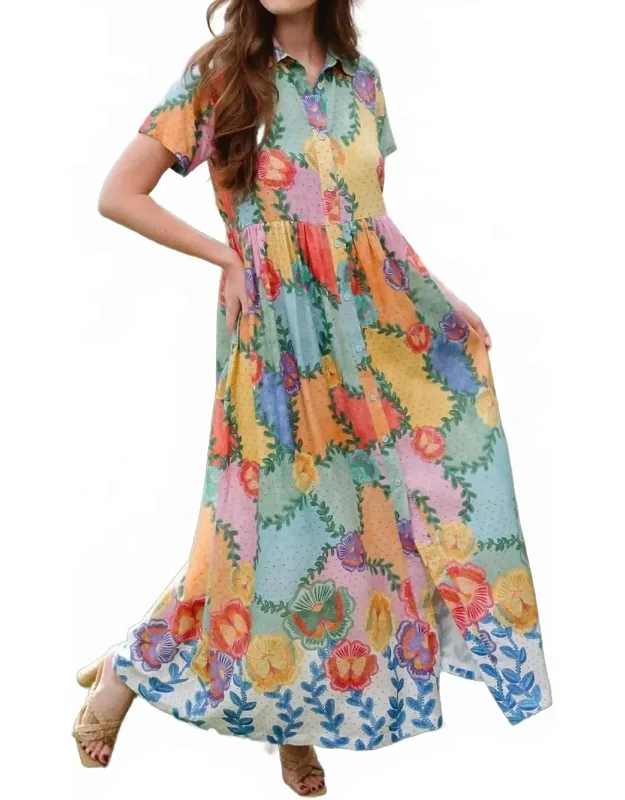 French Maxi Dress With Vibrant Patchwork Floral Artwork
