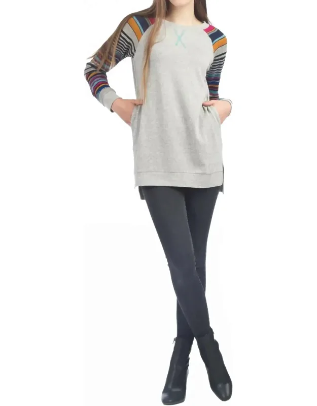 Step Hem Tunic With Multi Striped Sleeves