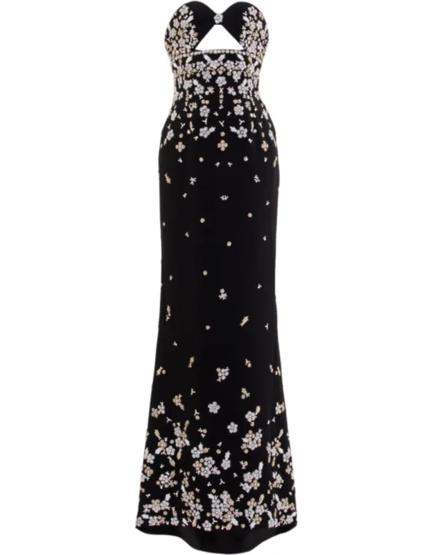 Strapless Crepe Dress With Hand-embroidered Floral Design