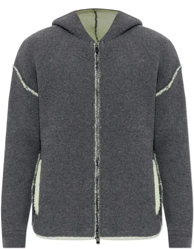 Textured Knit Jacket With Hood And Contrasting Seams