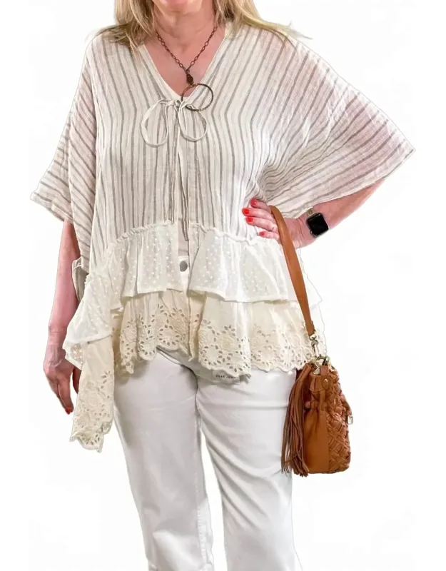 Striped Eyelet Ruffle Poncho Top