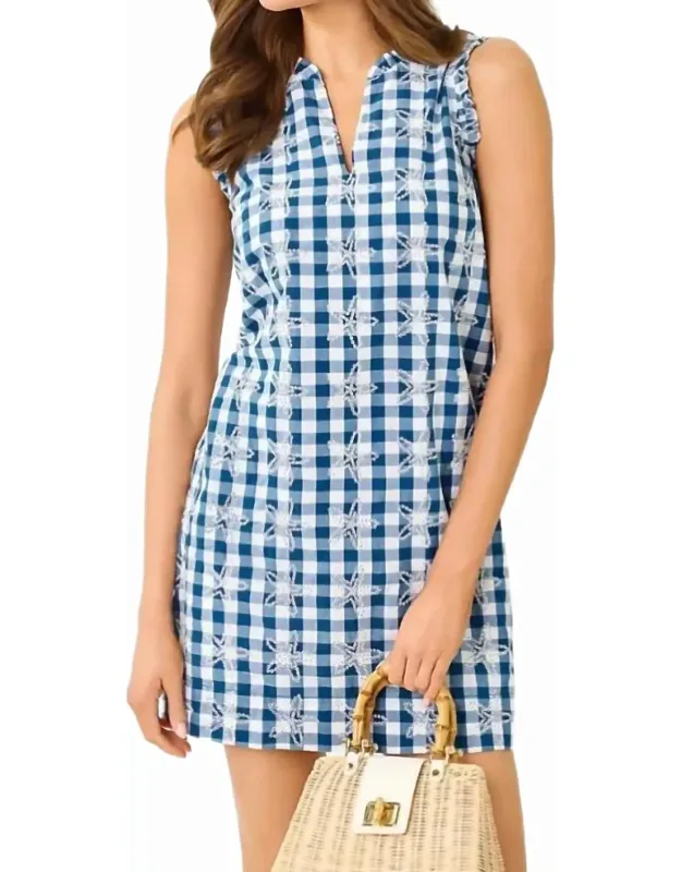 Kavalla Mini Dress In Starlight Navy Starfishing Embroidered Gingham