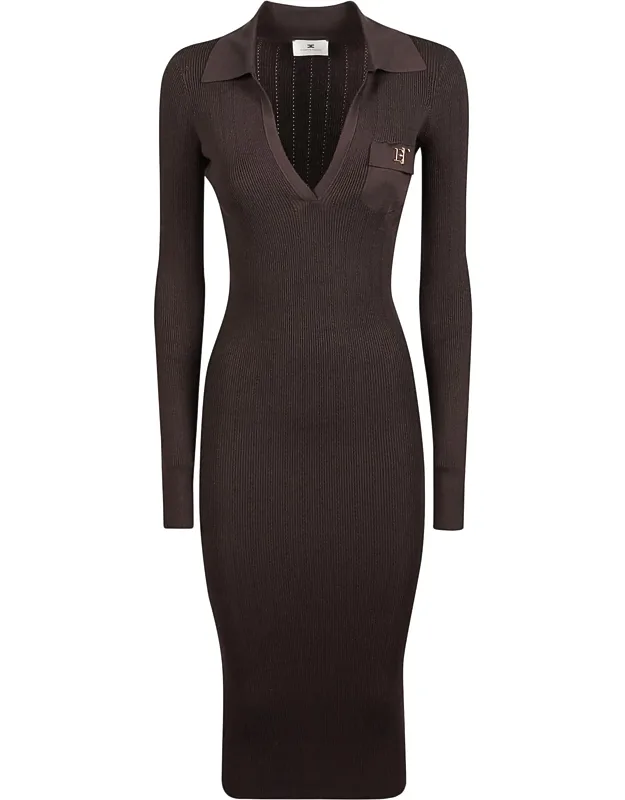 Fitted Ribbed Midi Dress With Deep V-neckline And Classic Collar
