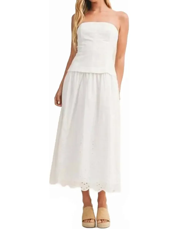 Eyelet Scallop Hem Strapless Midi Dress