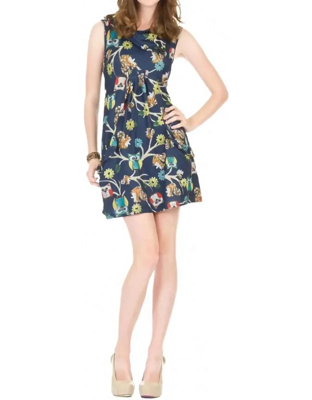 Owl & Squirrel Print Drape Collar Sweater Dress