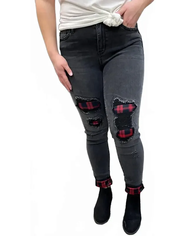 Rayann Buffalo Plaid Patched Jeans
