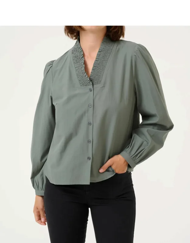 V-neck Pleats Long Sleeve Shirt