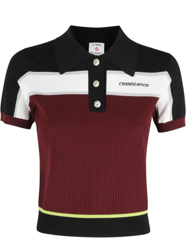 Striped Ribbed-neck Logo-chest Viscose-blend Polo Shirt