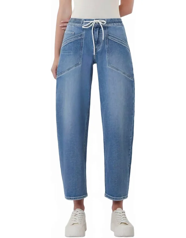 High Rise Elastic Waistband Wide Barrel Jeans