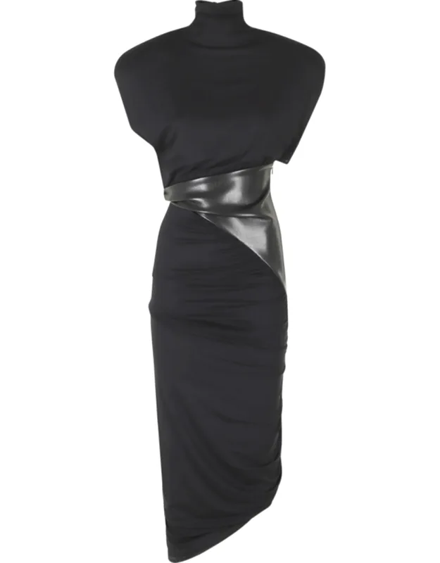 Ursula Vegan Leather Waistband Draped Viscose Dress