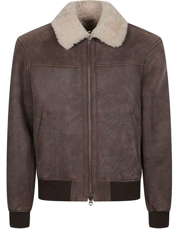 Leather Shearling Collar Bomber Jacket