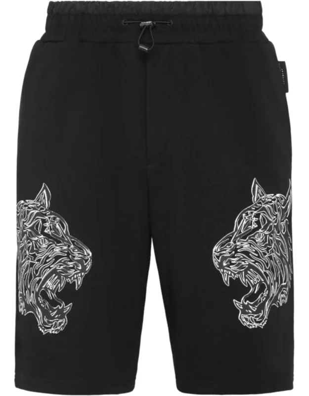 Jogging Shorts With Rib-knit Waistband And Tiger Prints