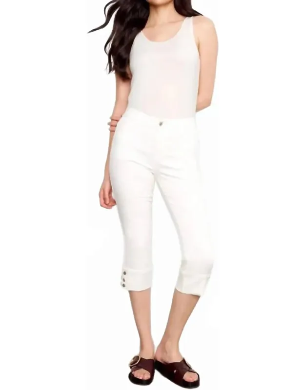 Cropped Twill Capri Jeans With Snap Button Cuff