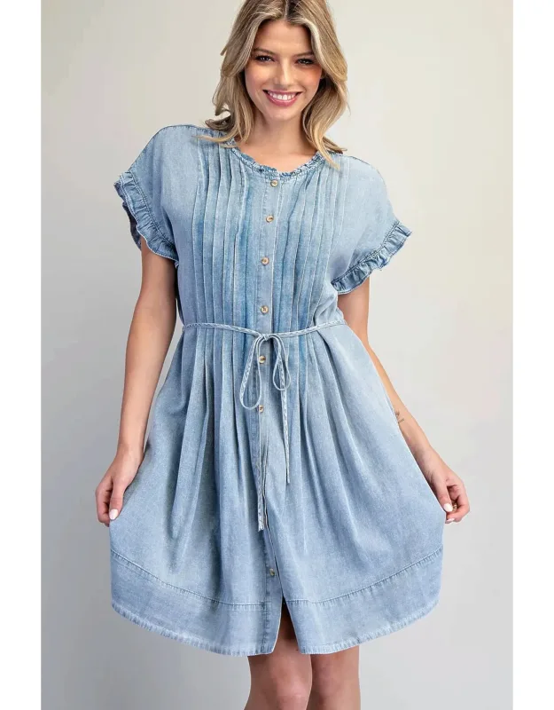 Pleated Denim Dress