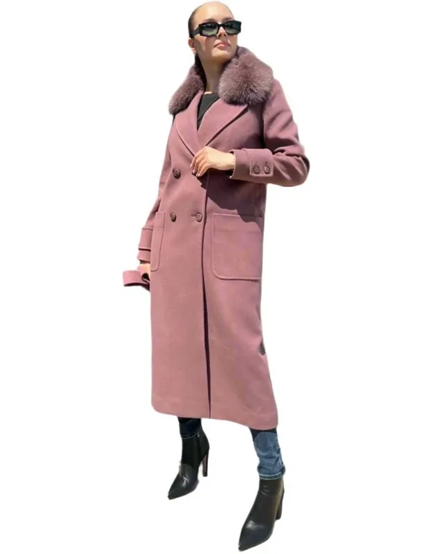 Genuine Polar Fox Tailored Cashmere Wool Coat