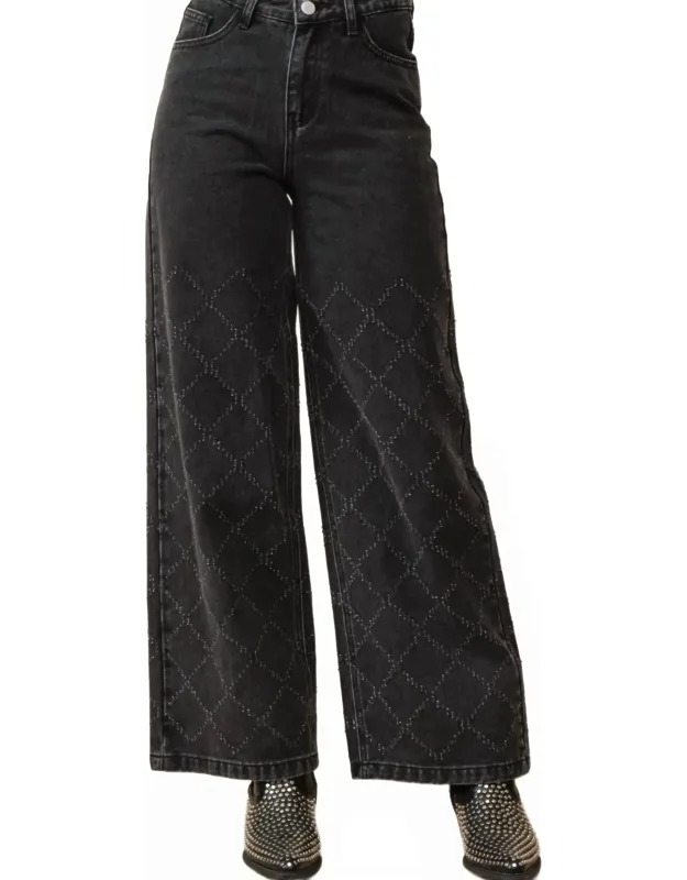 Distressed Quilted Slash Wide Leg Mid Rise Denim Jeans