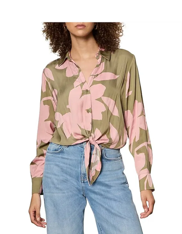 Lover Tie Floral Printed Spread Collar Long Sleeve Crinkle Sateen Shirt