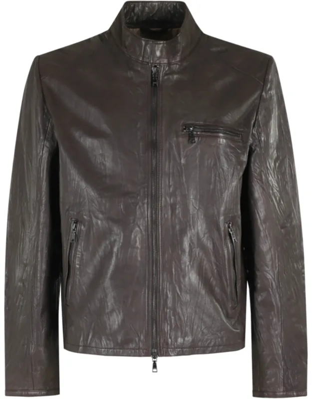 Round Neck Flap Pocket Leather Jacket