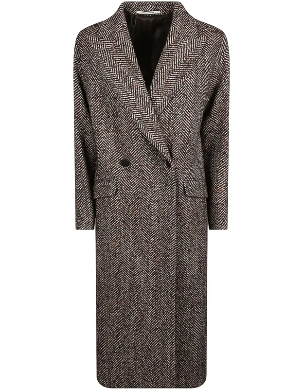 Herringbone Pattern Long Coat With Notched Lapel