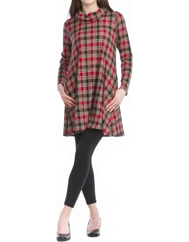 Plaid Cowl Neck A-line Sweater Dress