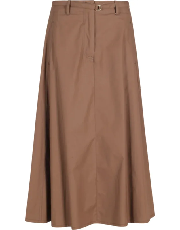 Belted A-line Elastic-back Cotton Midi Skirt