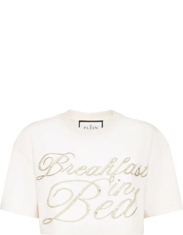 Cropped T-shirt Breakfast In Bed With Rhinestone Appliqués And Logoed Patch