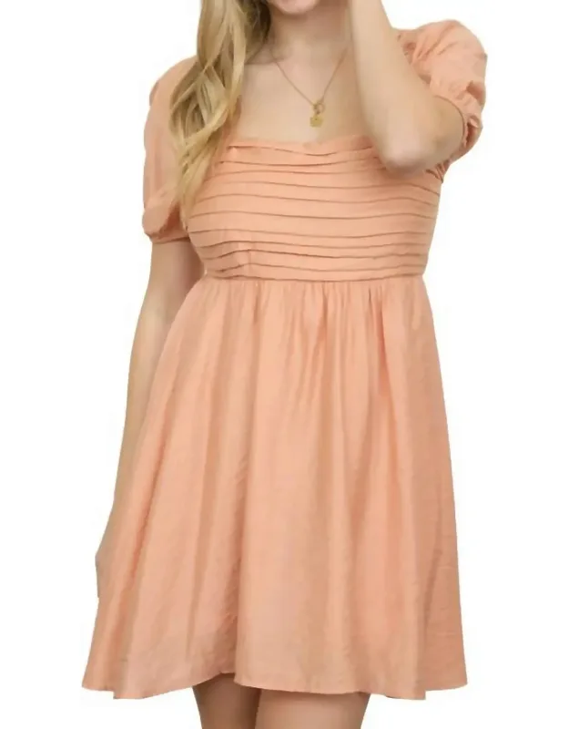 Pleated Bodice Short Puff Sleeve Mini Dress