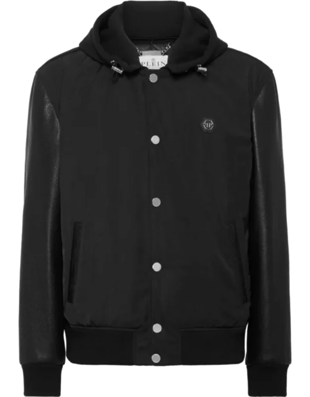 Nylon & Leather Varsity Bomber Hooded Jacket