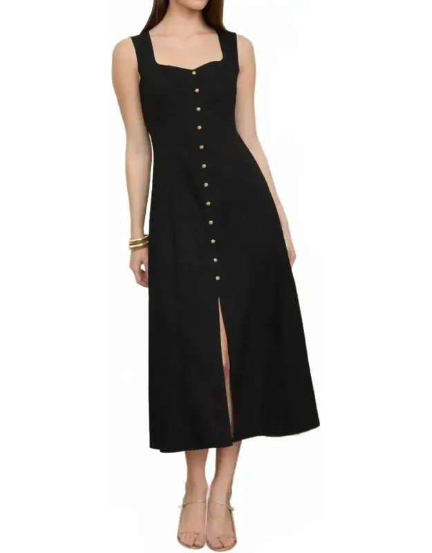 Button Down Sleeveless Split Hem Linen Midi Dress
