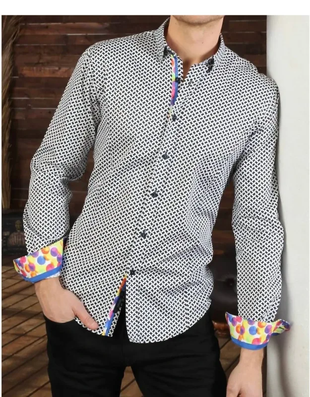 Button Down Print Shirt With Colorful Dot Trim