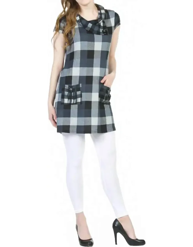 Plaid Short Sleeve Drape Neck Sweater Dress