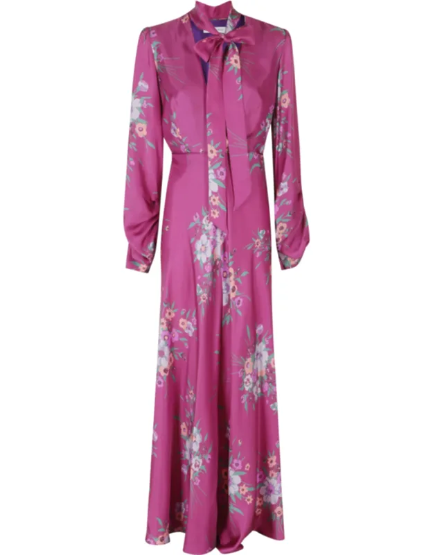 Flower V-neck Belted Silk Dress