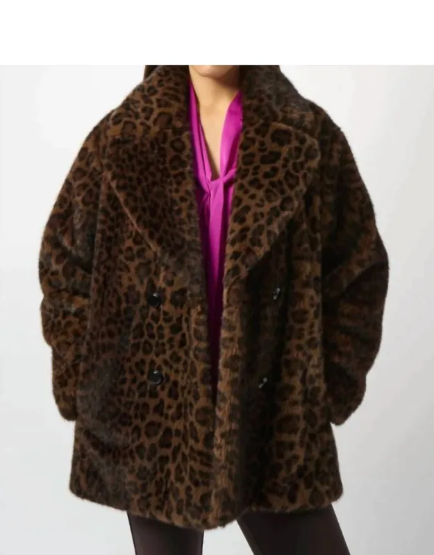 Leopard Print Faux Fur Long Sleeve Coat