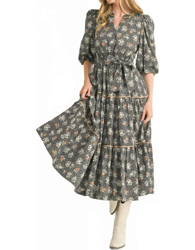 Bubble Sleeve Lace Trim Midi Dress