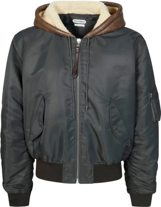 Nylon Shearling-lined Hooded Bomber Jacket