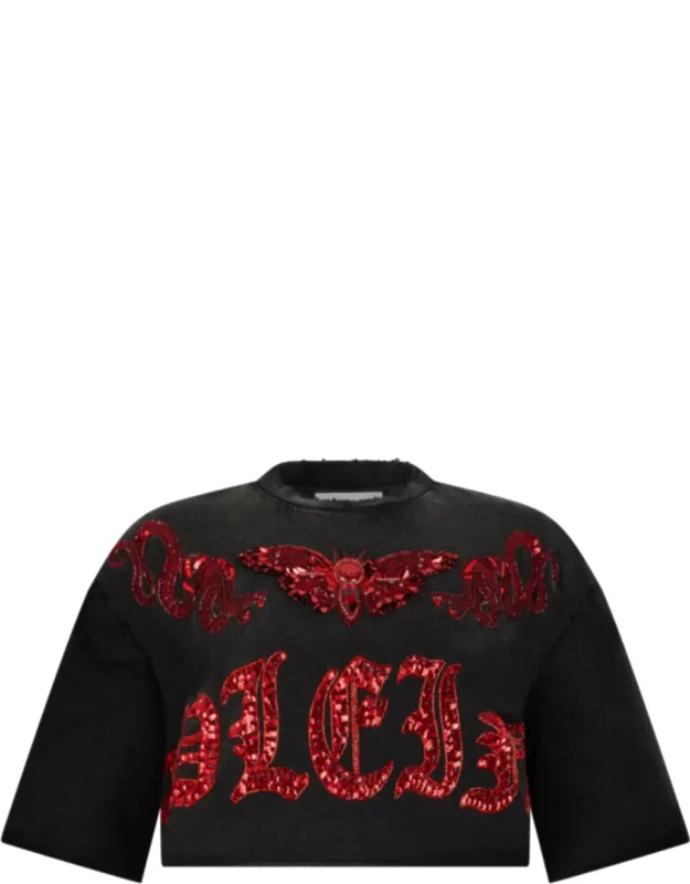 Cropped T-shirt With Rhinestones And Sequins