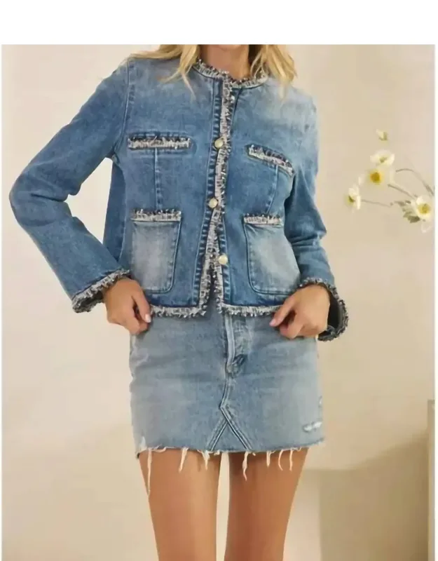 Tweed Trimmed Front Pocket Denim Jacket