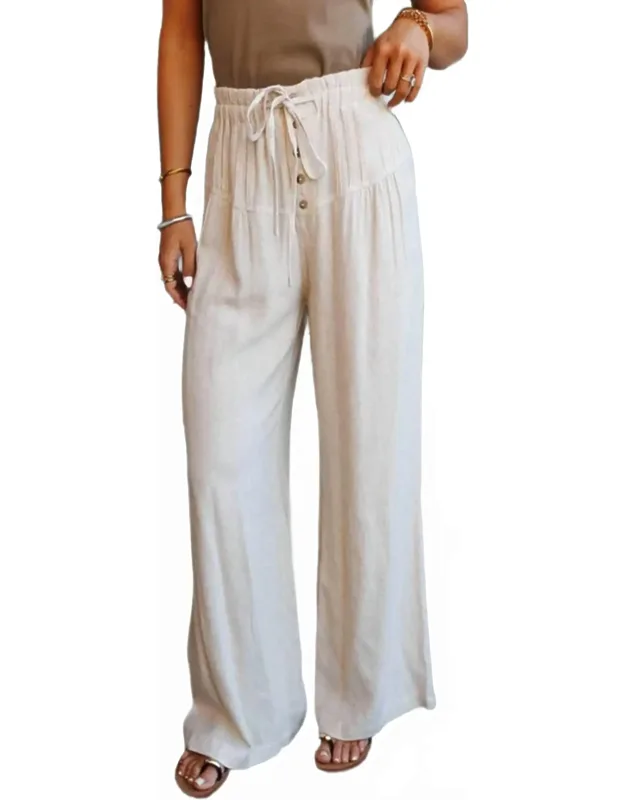 Elastic Waist Button Pleated Detail Wide Leg Pants