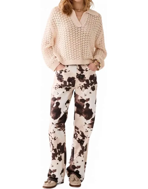 Baggy Straight Leg Trousers In Cow Print