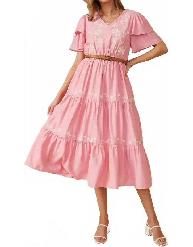 Embroidered Ruffle Sleeve Tiered Dress