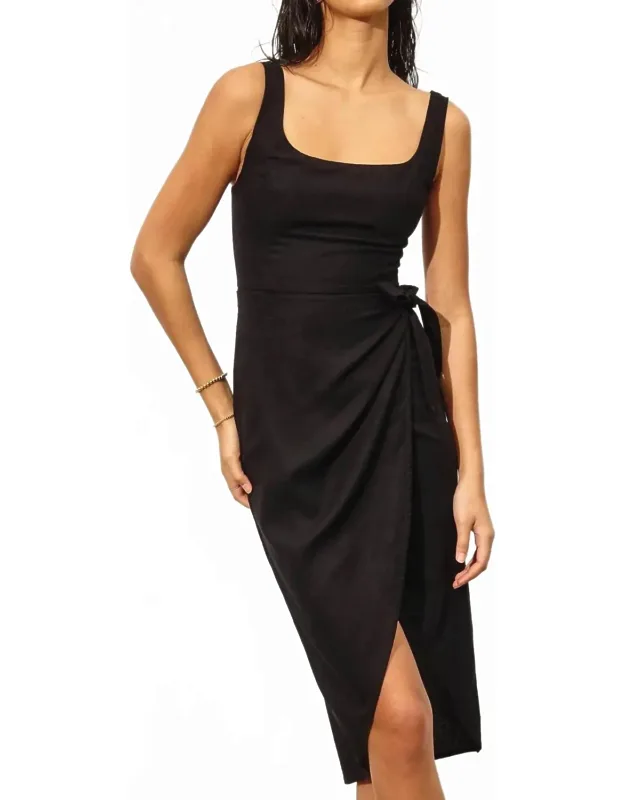 Linen Square Neck Tulip Hem Wrap Dress