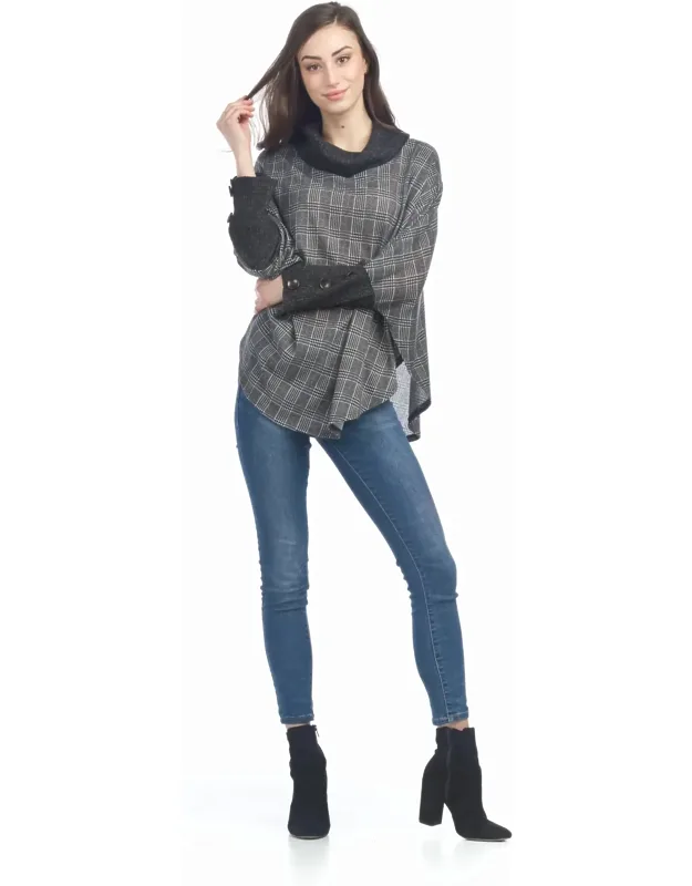 Soft Plaid Cowl Neck Poncho