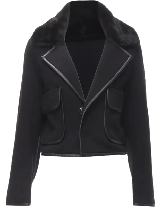 Mink Fur Collar Leather Trim Cotton Wool Jacket