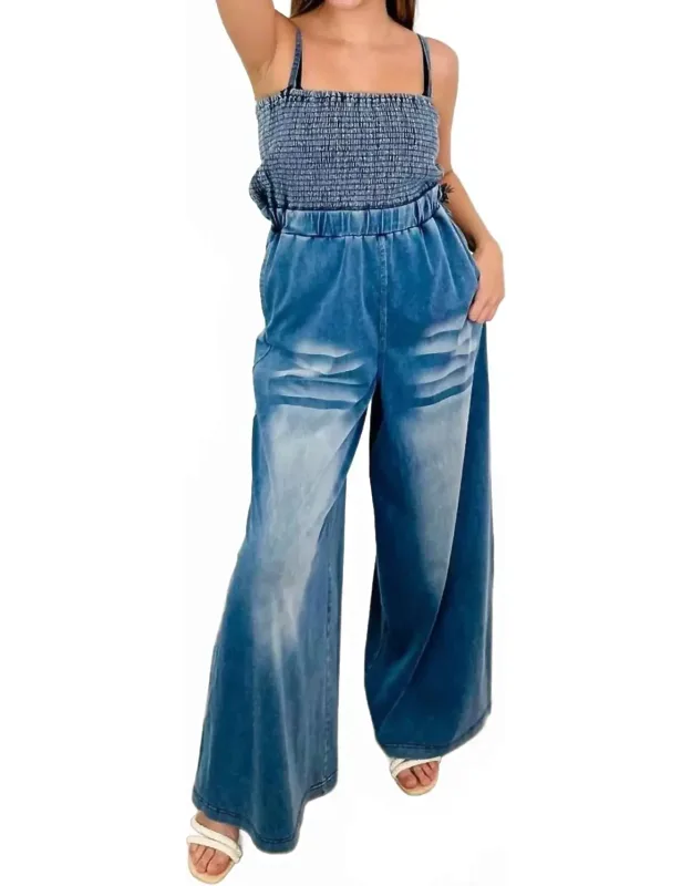 All The Memories Cotton Blend Jumpsuit In Medium Wash Denim