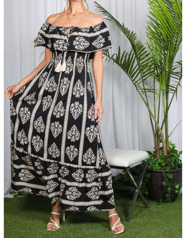 Geo Printed Off The Shoulder Tassel Trim Dress