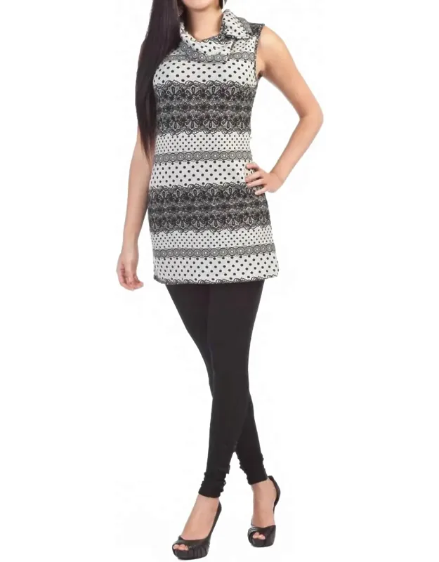 Lace Print Sleeveless Drape Collar Dress