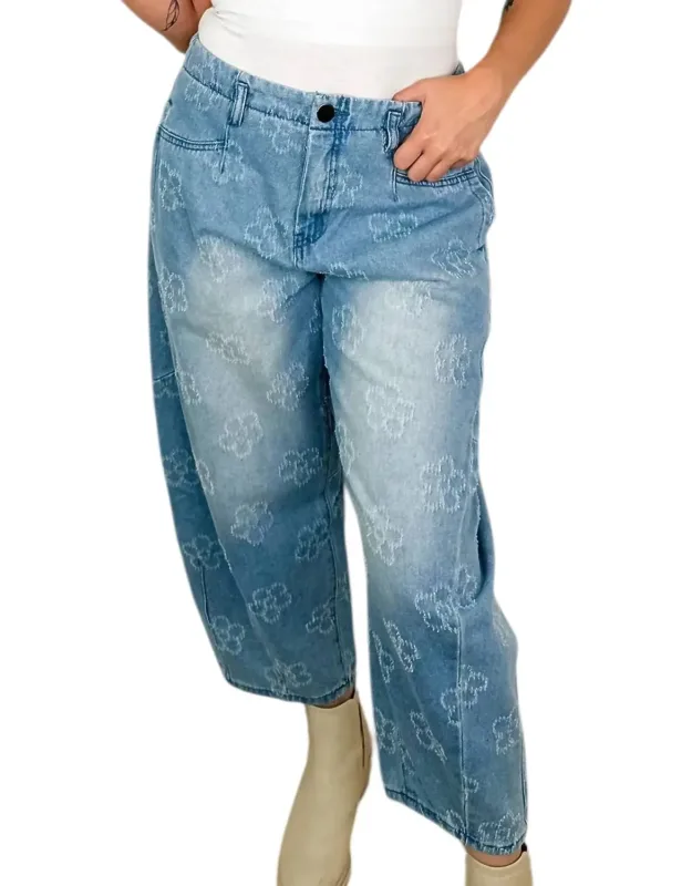 Pushing Petals High-rise Cotton Barrel Leg Jeans
