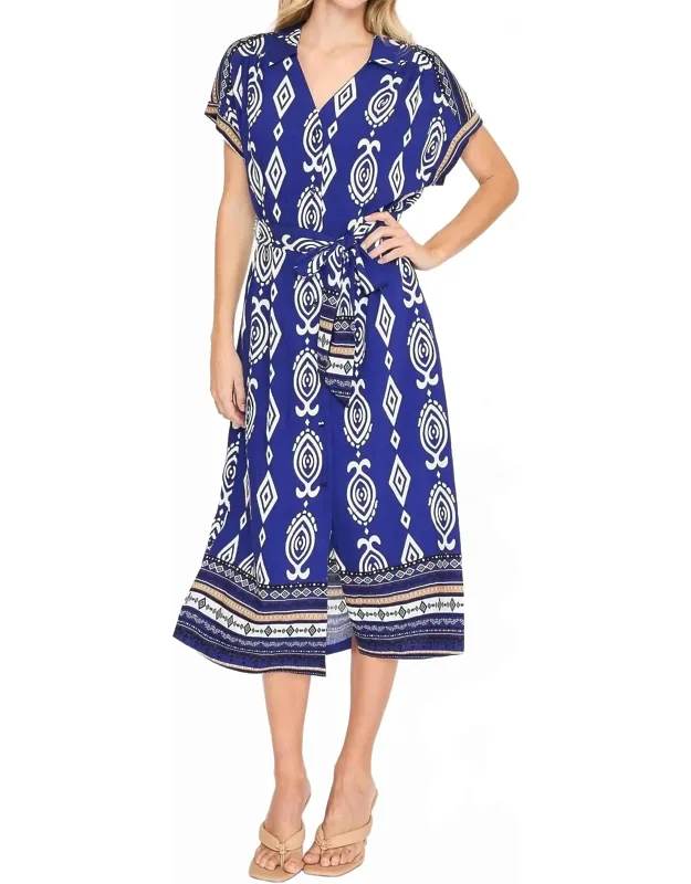 Border Print Collared Midi Dress
