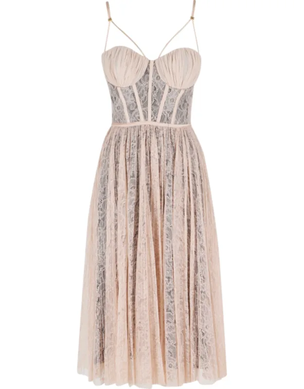Lace Midi Bustier Pleated Dress