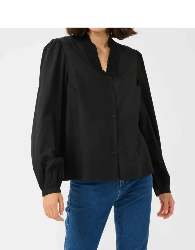 Kamaia V-neck Pleats Long Sleeve Shirt In Black Deep